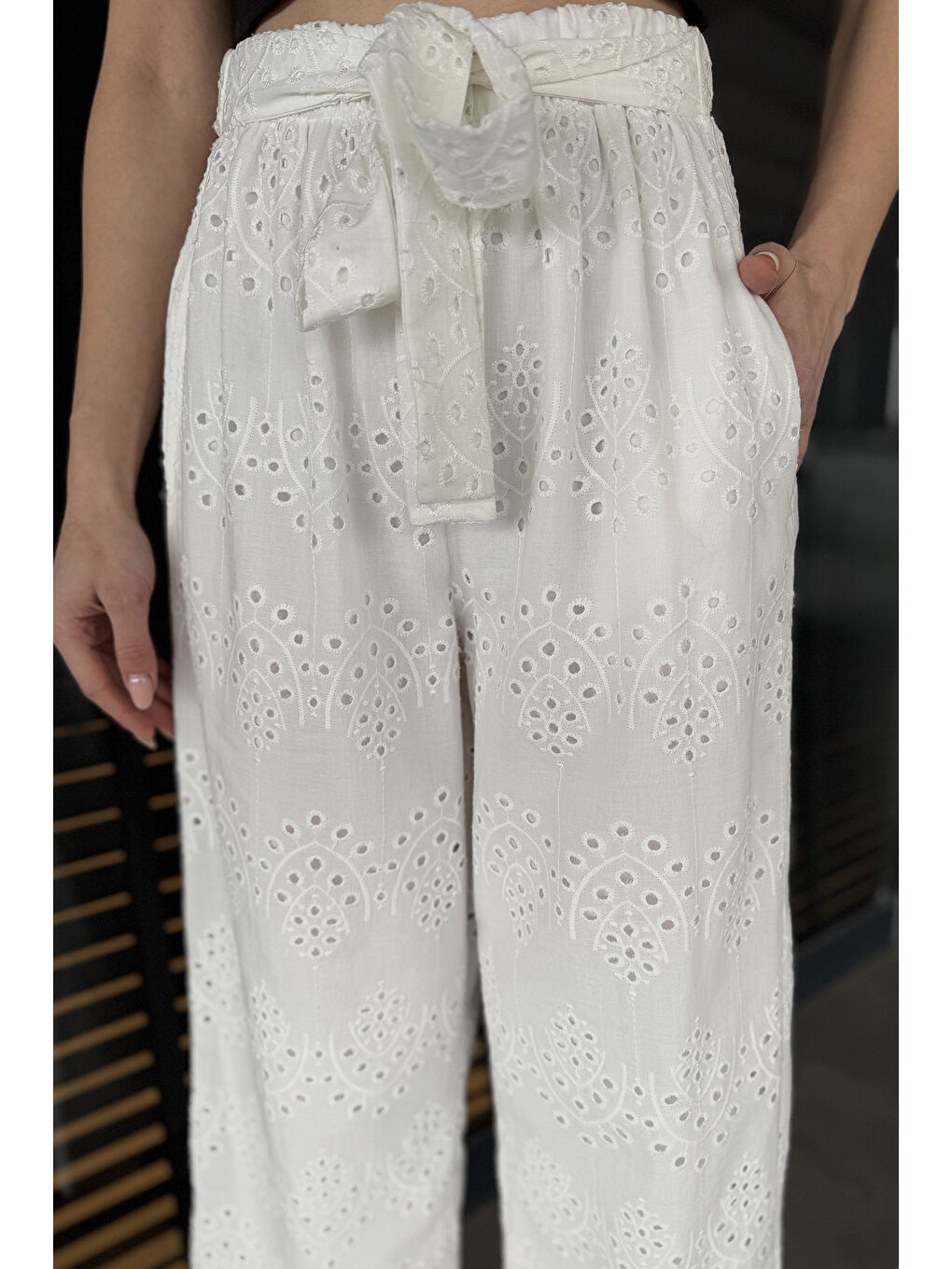 Ekru Kadın Yüksek Bel Fistolu Bel Lastikli Kuşaklı Pantolon-7