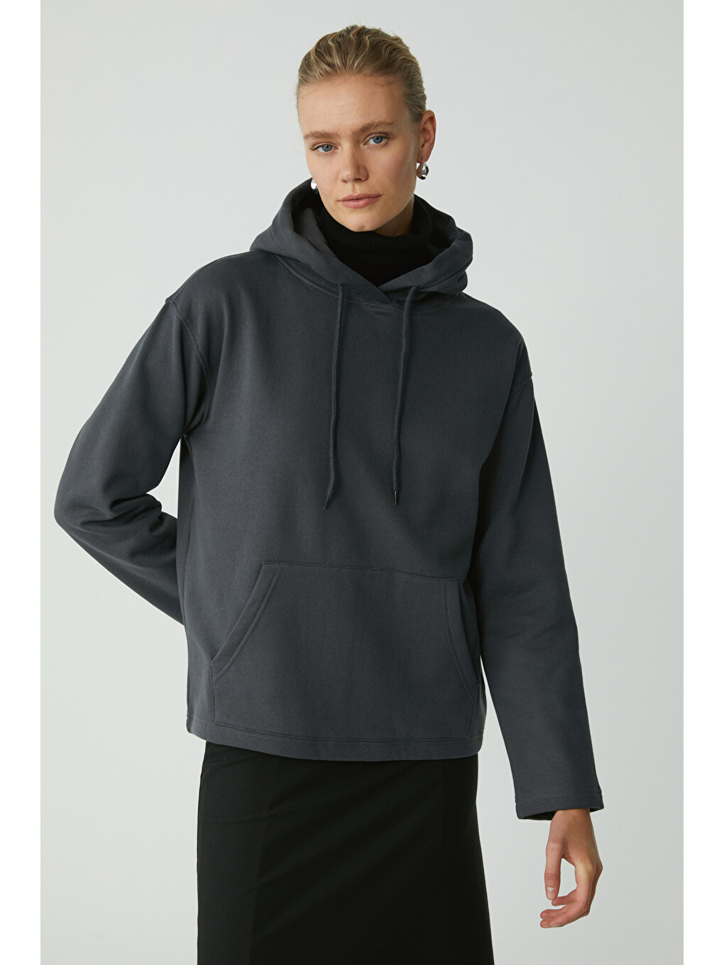 Pıper Kadın Içi Polarlı Yumuşacık Comfort Fit Kapüşonlu Kanguru Cepli Antrasit Sweatshirt-2