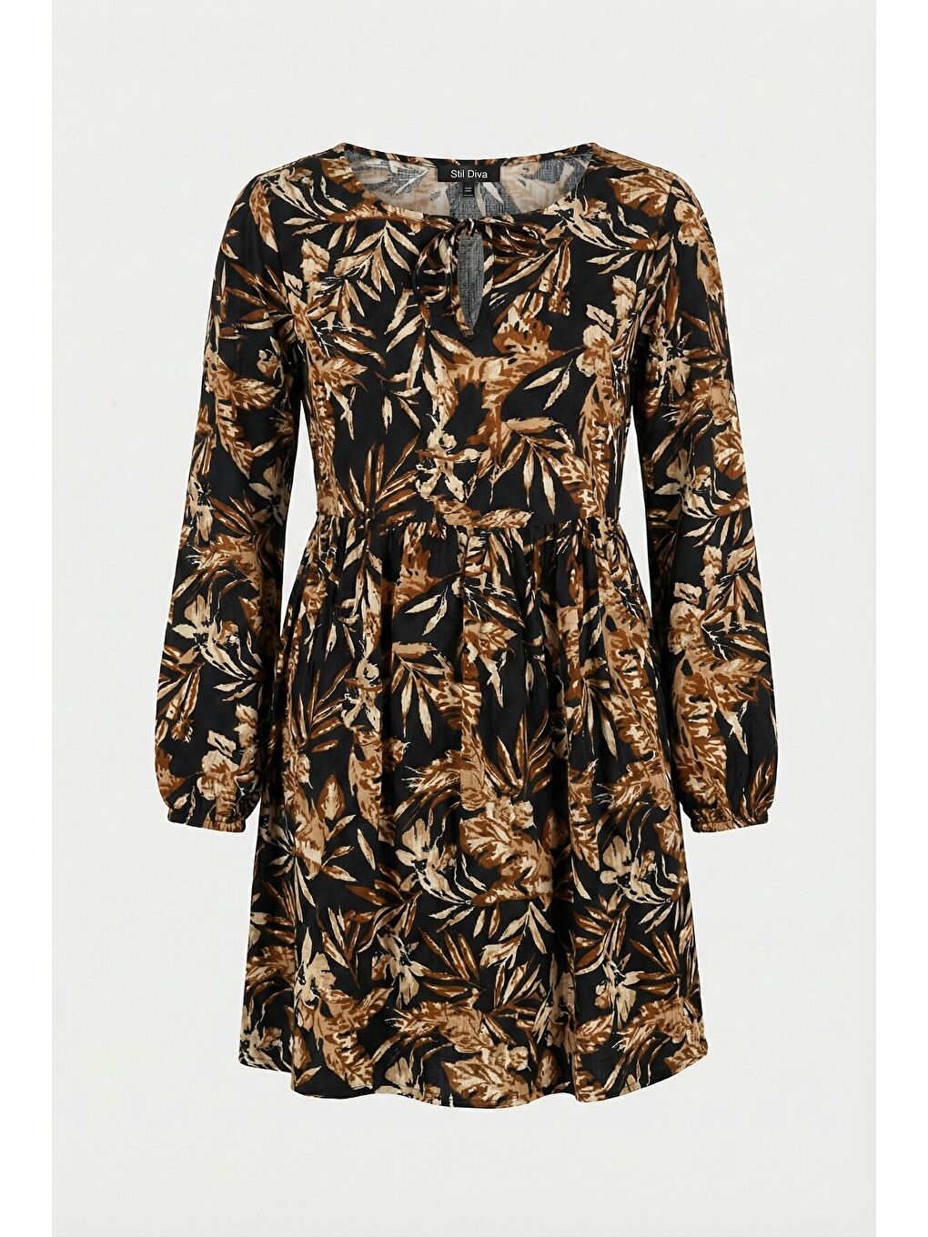 Kahverengi Büyük Beden Yakası İp Detaylı Beli Lastikli Midi Elbise Kahve 303387-6