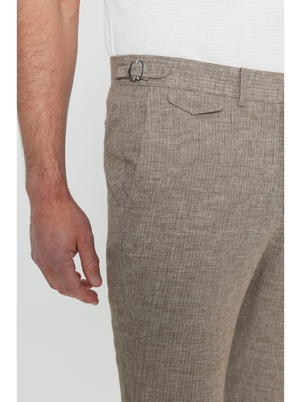 Erkek Kahverengi Keten Slim Fit Dar Kesim Kırlangıç Yaka Çizgili Torba Cepli Kruvaze Takım Elbise-8