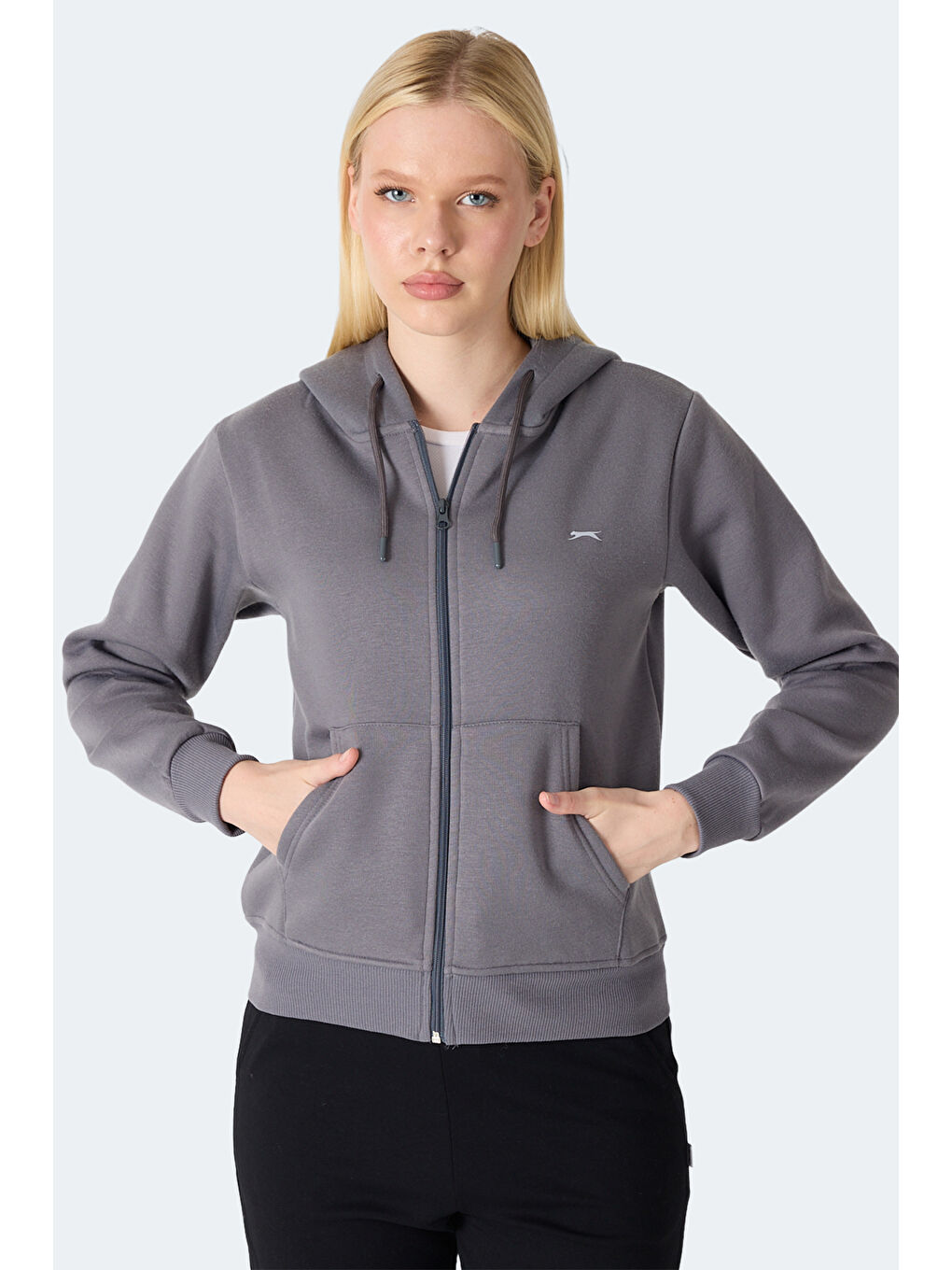 MILIO I Kadın Fermuarlı Kapüşonlu Cepli Gri Sweatshırt-3