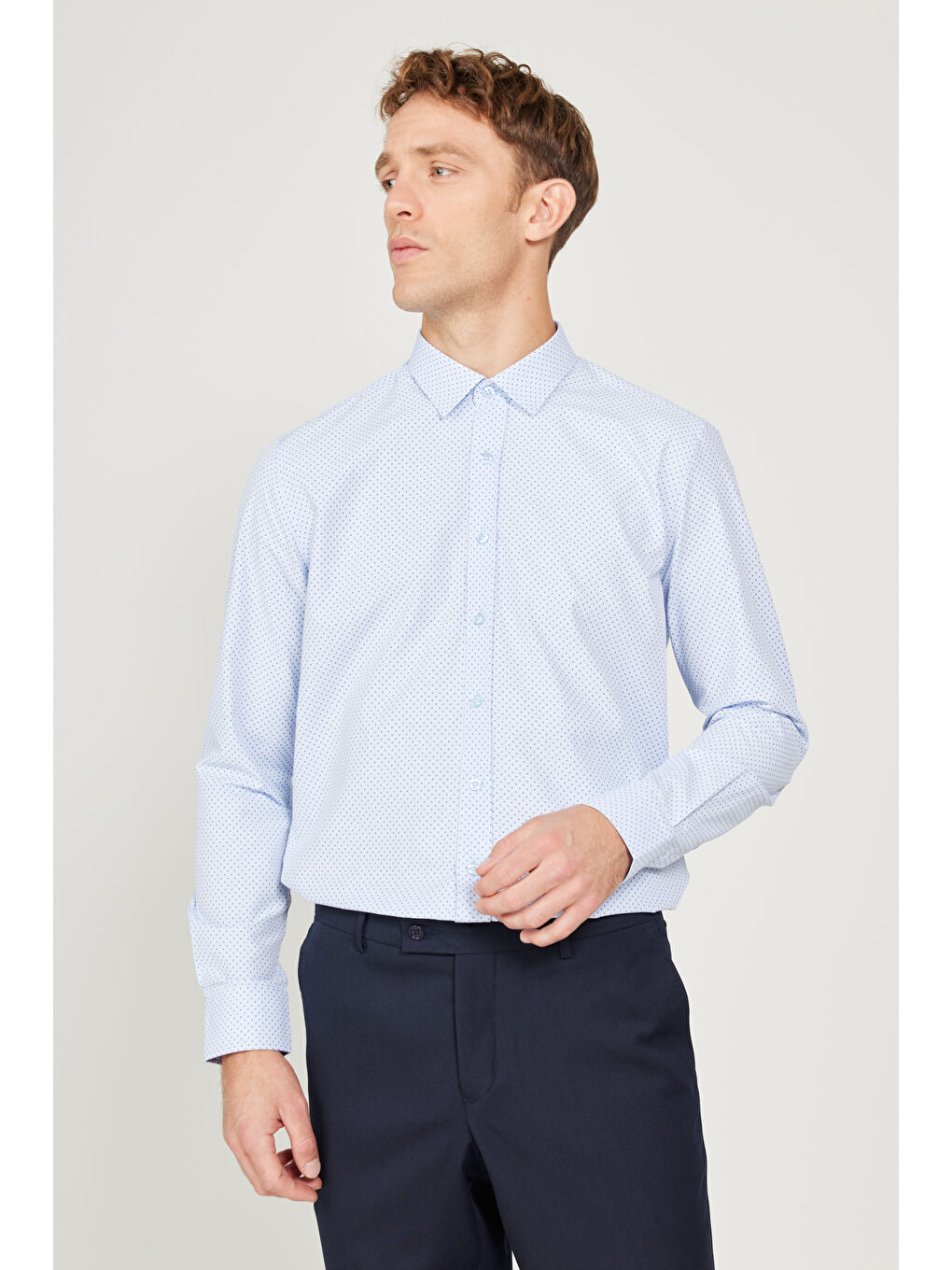 Erkek Mavi-Lacivert Slim Fit Dar Kesim Klasik Yaka Baskılı Gömlek