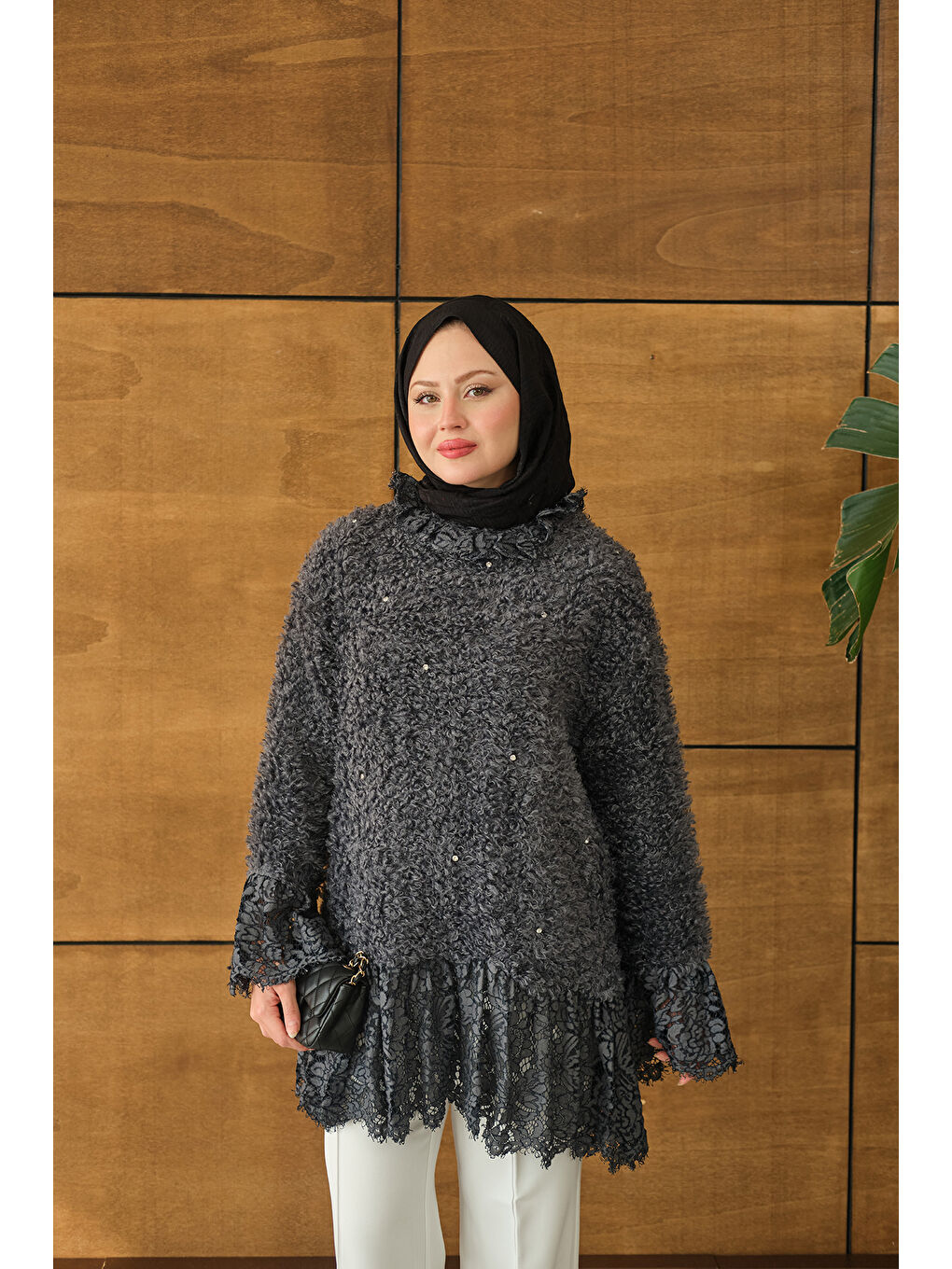 Kadın Dantel Detay Pelüş Tunik Antrasit-3