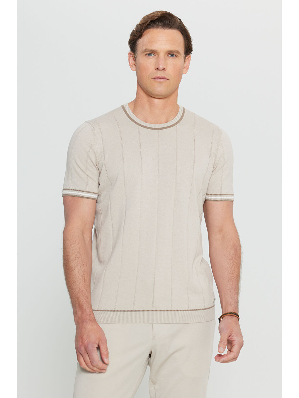 Erkek Bej %100 Pamuk Standart Fit Normal Kesim Bisiklet Yaka Triko Tişört