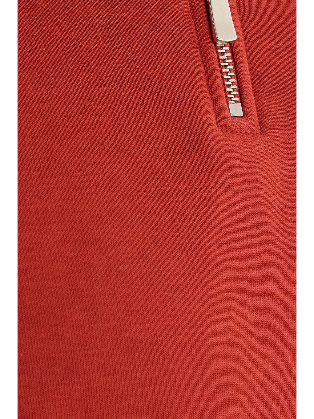 Unisex Relax Fit Rahat Kesim Pamuklu İçi Polarlı Yarım Fermuarlı Kırmızı Dik Yaka Sweatshirt-5
