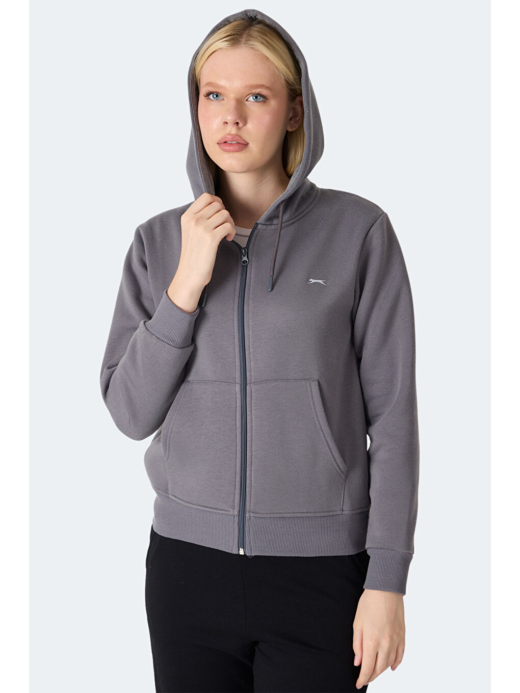 MILIO I Kadın Fermuarlı Kapüşonlu Cepli Gri Sweatshırt-4