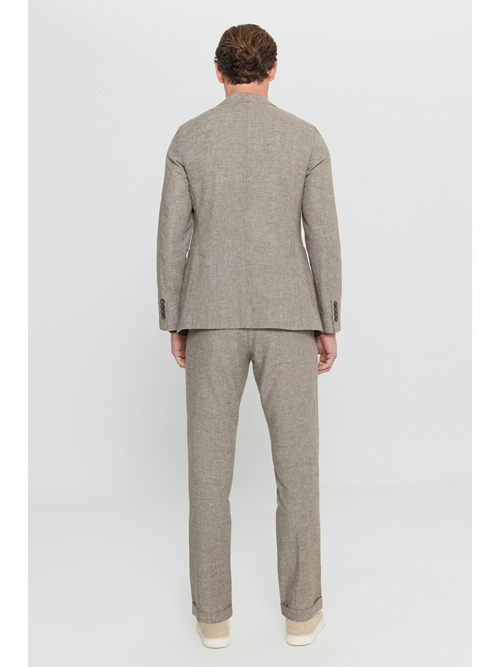 Erkek Kahverengi Keten Slim Fit Dar Kesim Kırlangıç Yaka Çizgili Torba Cepli Kruvaze Takım Elbise-9
