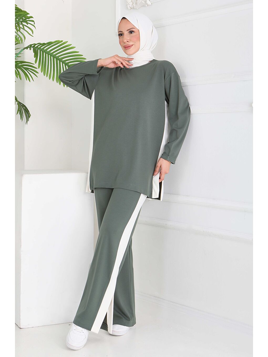 Garnili Yırtmaçlı Modal İkili Takım Haki - 28012-HAKI-1