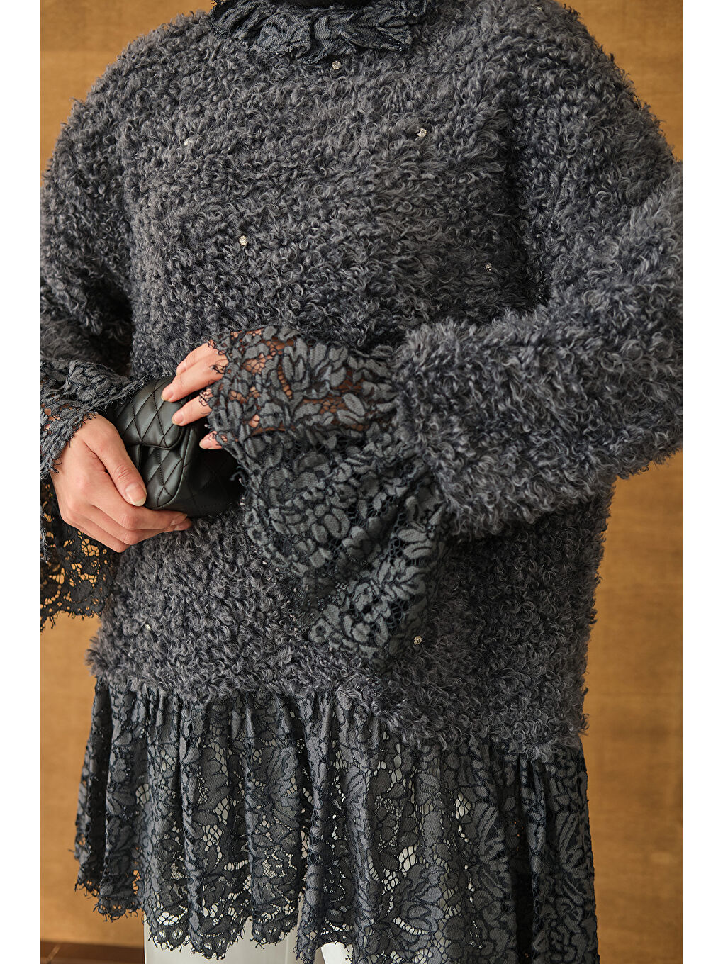Kadın Dantel Detay Pelüş Tunik Antrasit-4