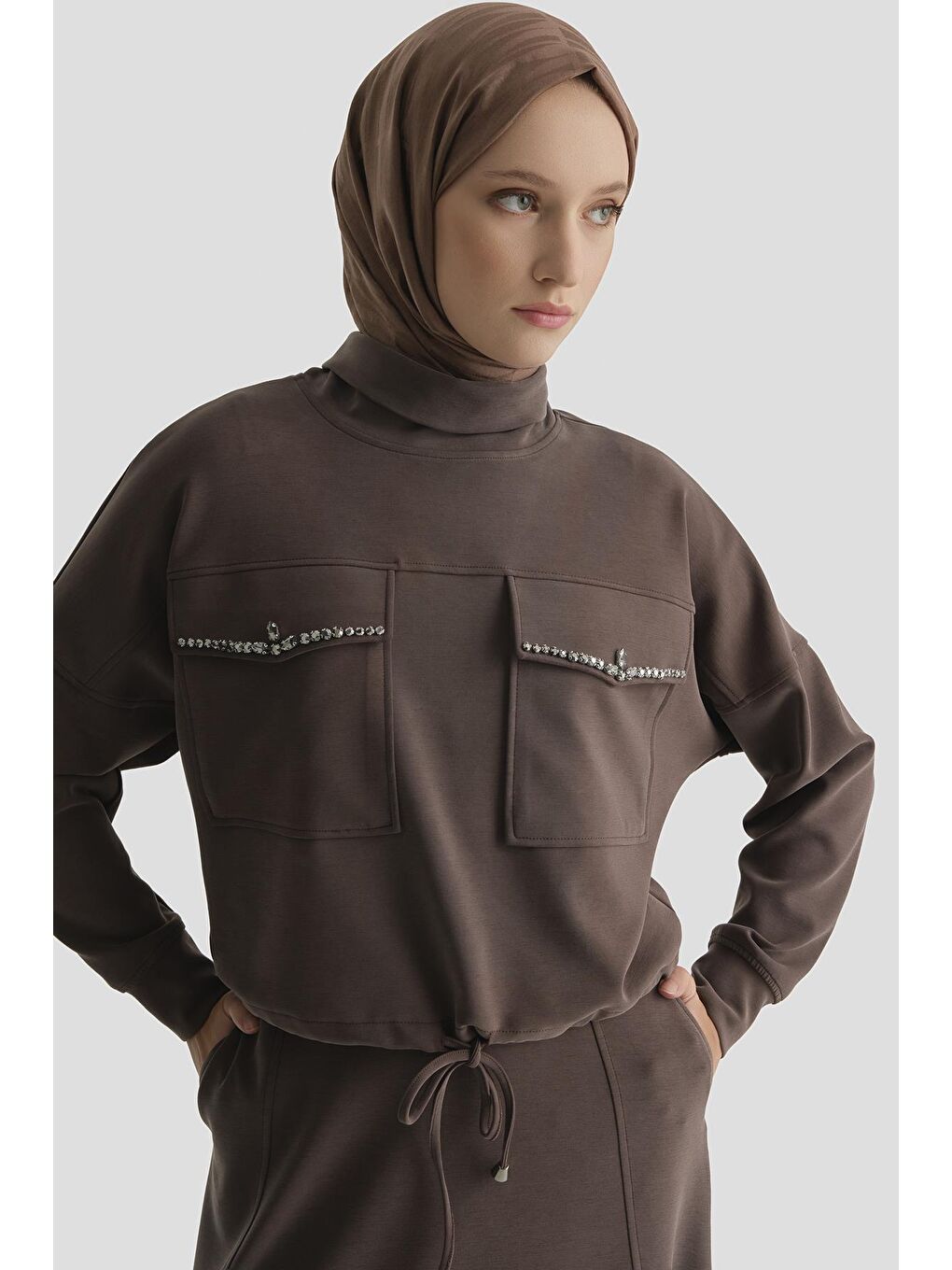 Kahverengi Taş İşlemeli Örme Takım Acı Kahve-2