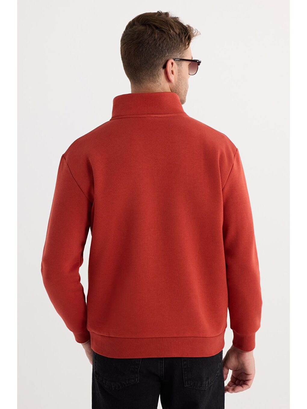 Unisex Relax Fit Rahat Kesim Pamuklu İçi Polarlı Yarım Fermuarlı Kırmızı Dik Yaka Sweatshirt-6