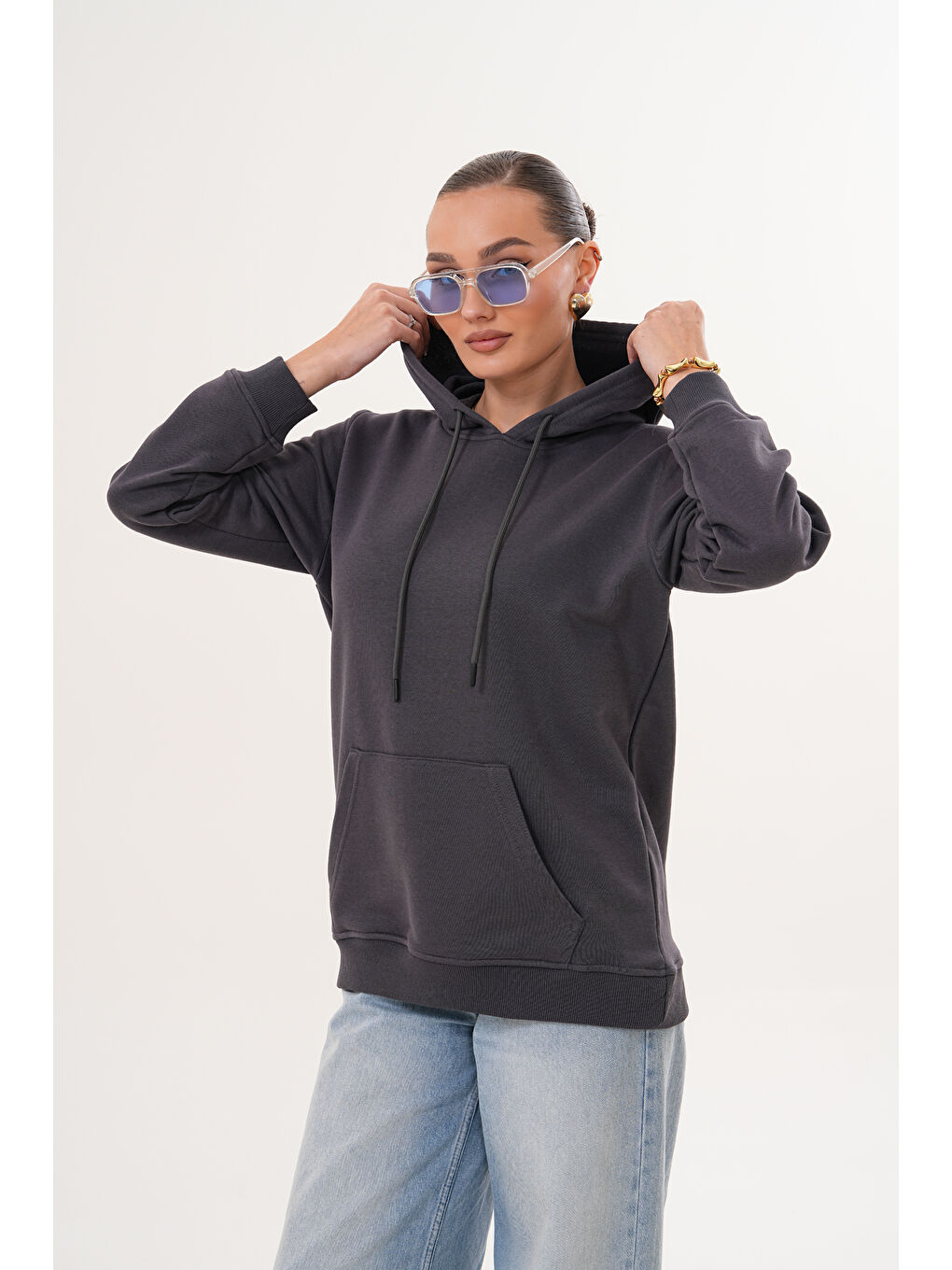 Antrasit Unisex %100 Pamuk Basic Premium Kapüşonlu Sweatshirt