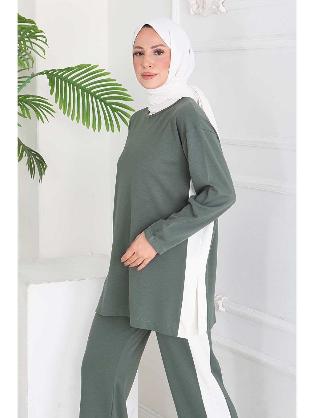 Garnili Yırtmaçlı Modal İkili Takım Haki - 28012-HAKI-2