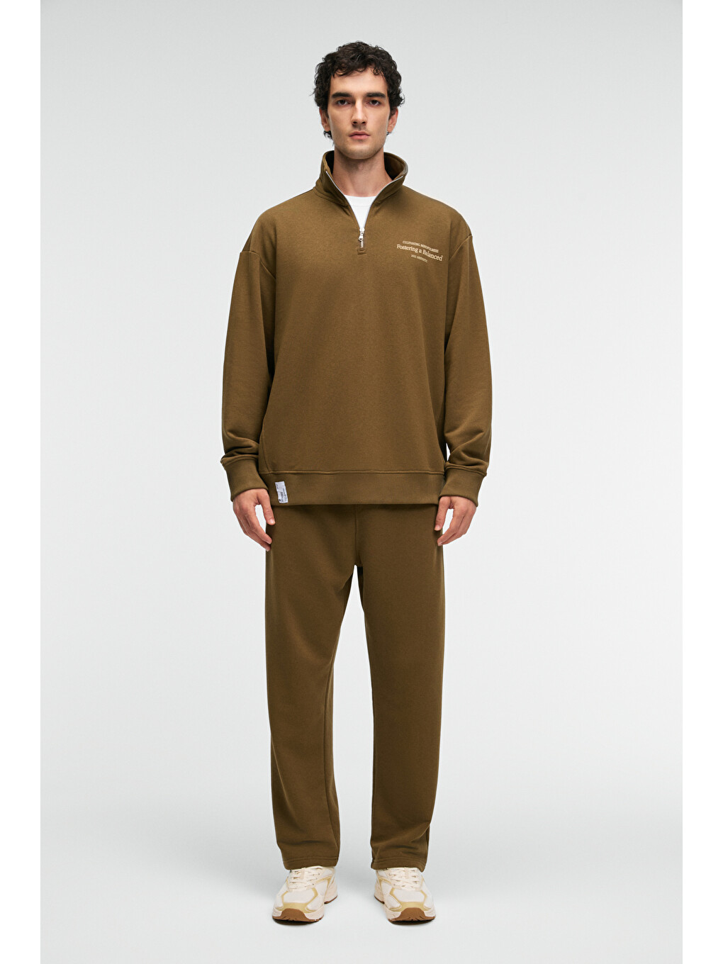 Bram Erkek %100 Pamuk Dik Yakalı Yarım Fermuarlı Baskılı Haki Sweatshirt-1