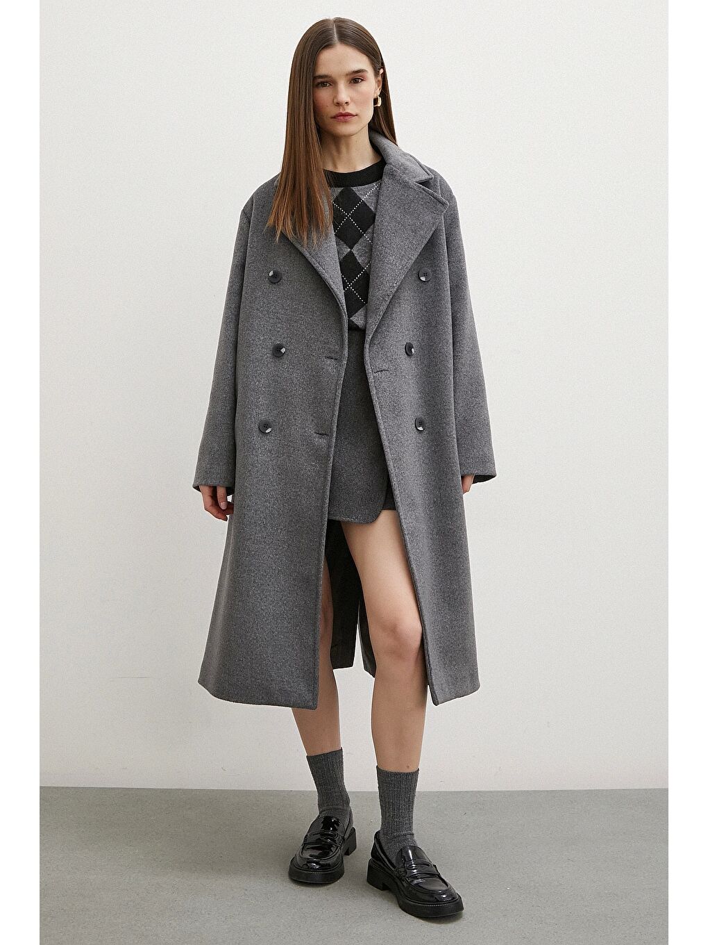 Karışık Düğme Detaylı Kaşe Kaban Antirasit