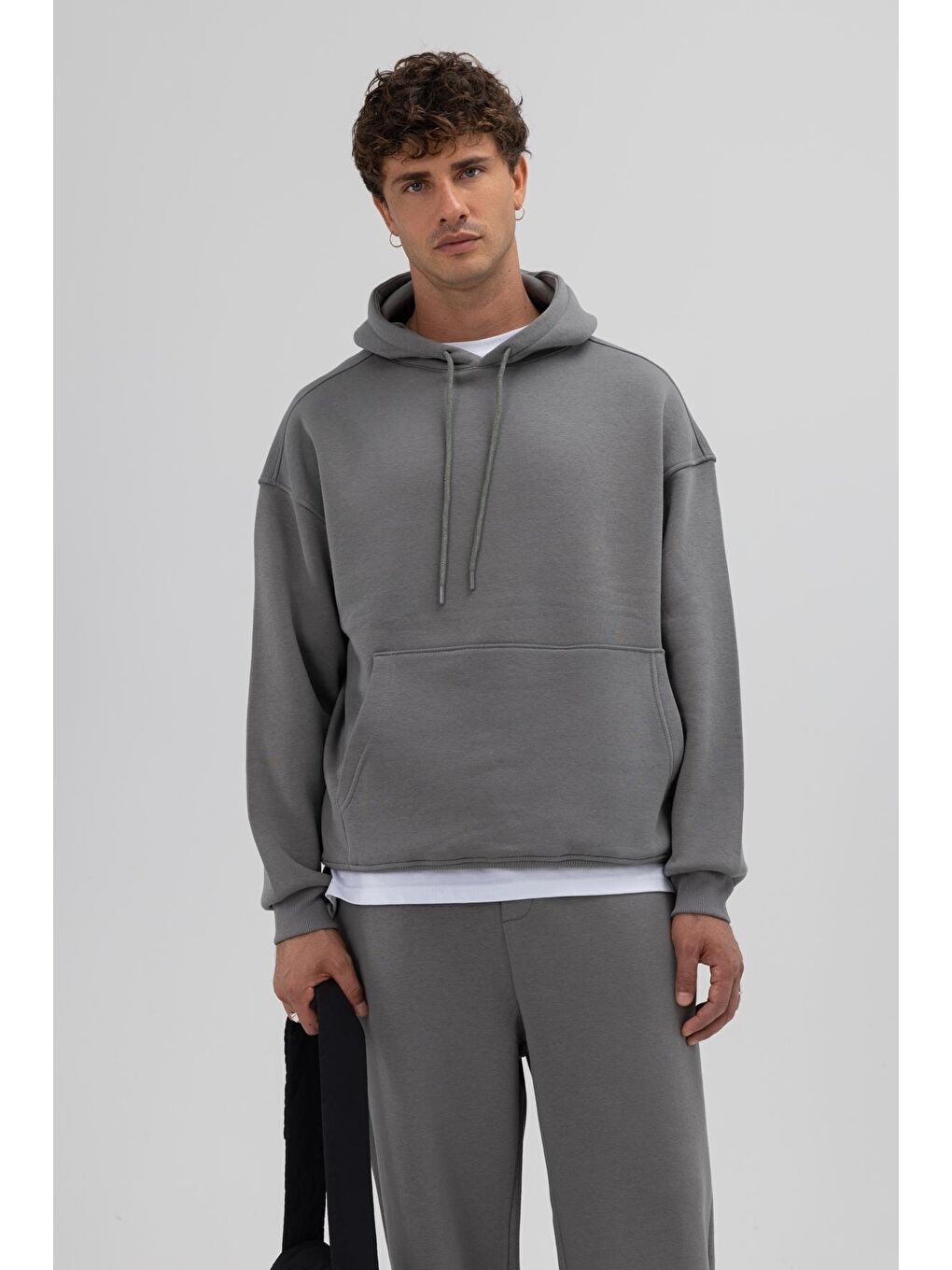 Gri Basic Oversize Kapüşonlu Sweatshirt Füme-1
