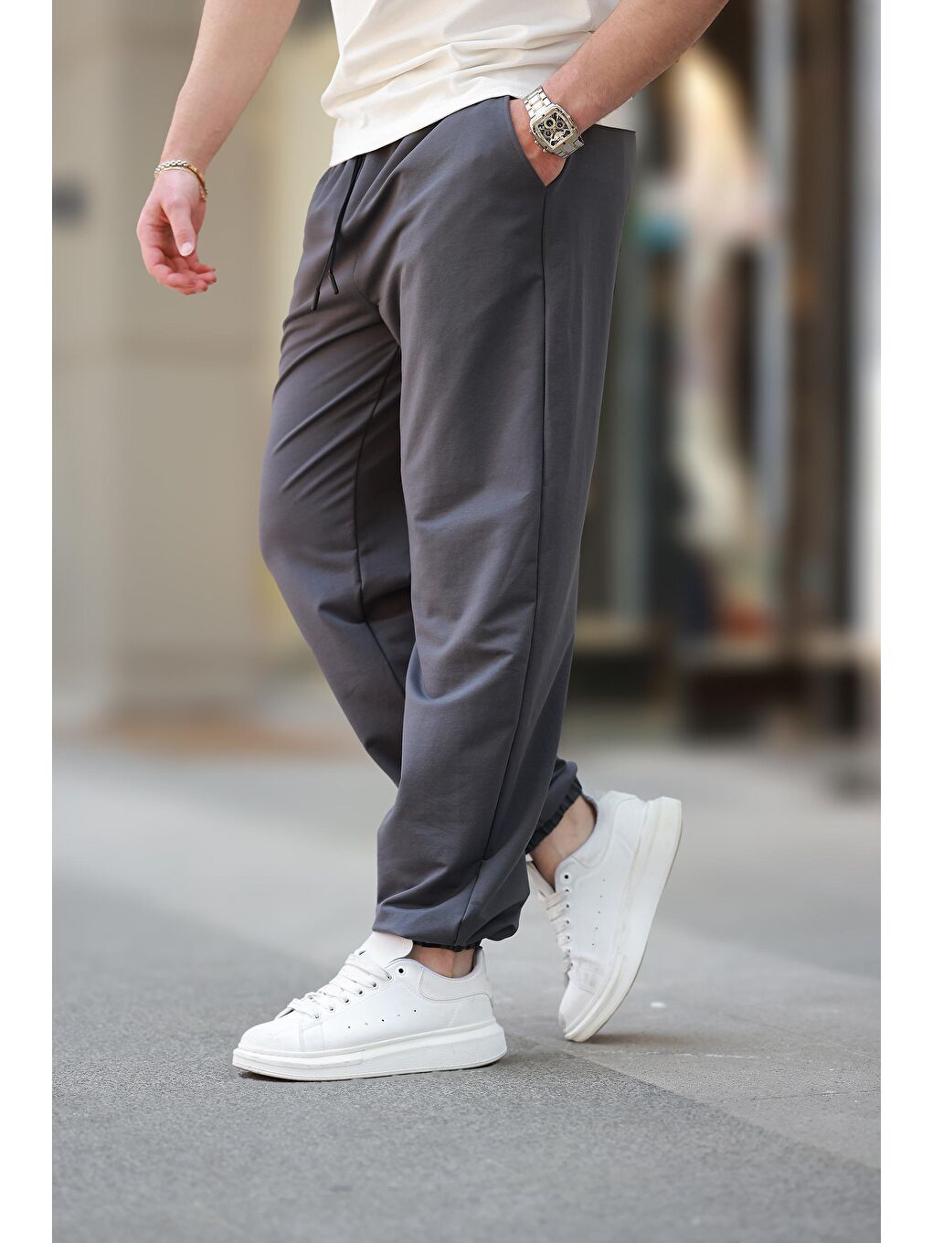 Gri Füme Rahat Kesim Paçası Lastikli Erkek Eşofman Altı E6573