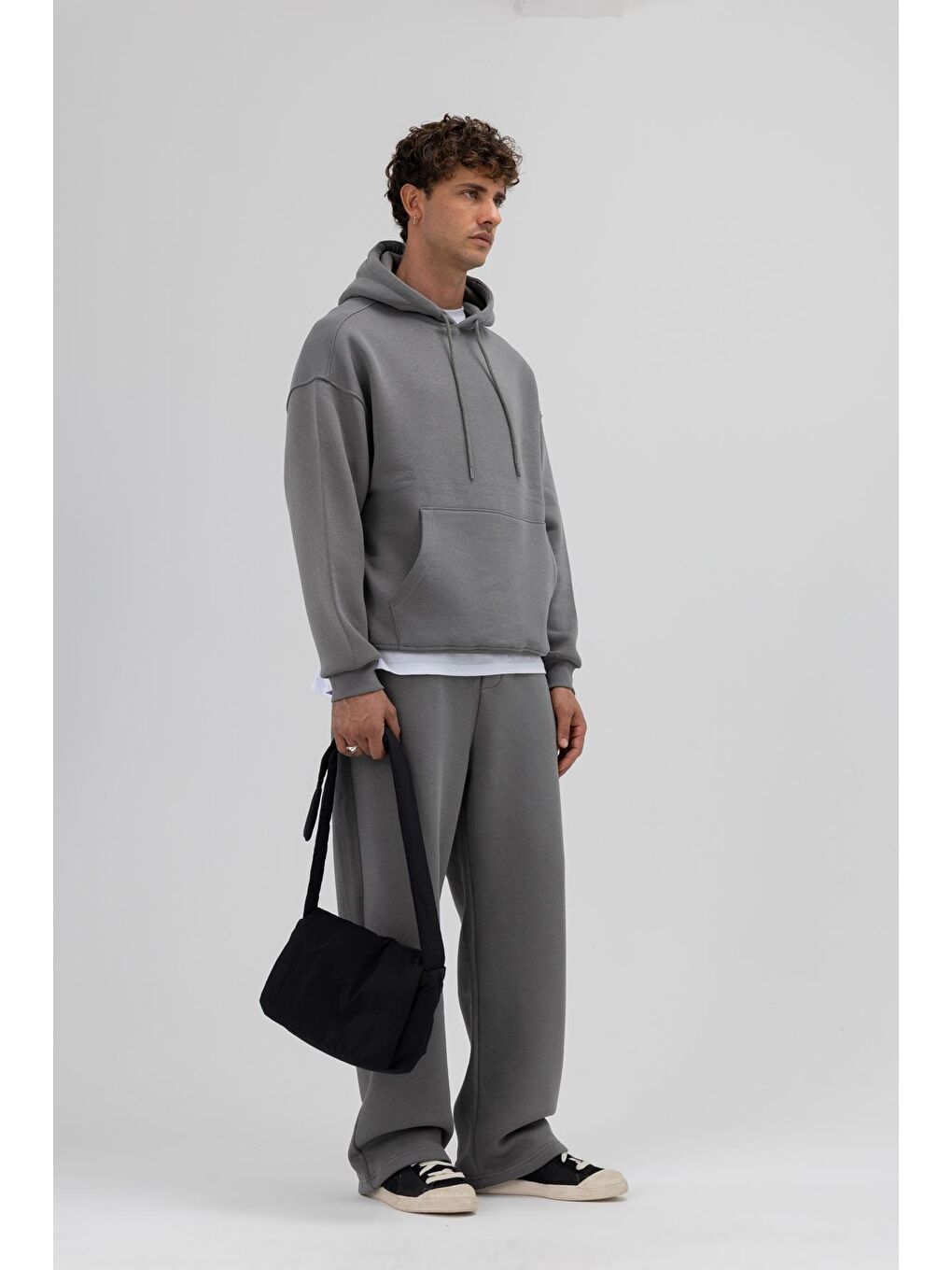 Gri Basic Oversize Kapüşonlu Sweatshirt Füme-2