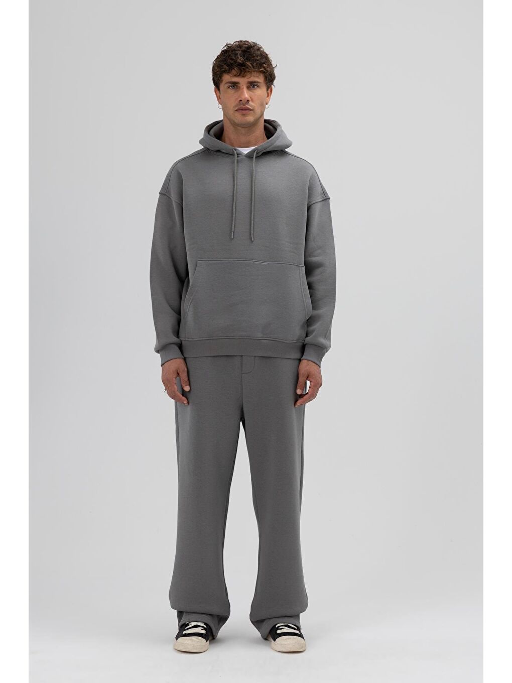 Gri Basic Oversize Kapüşonlu Sweatshirt Füme-3