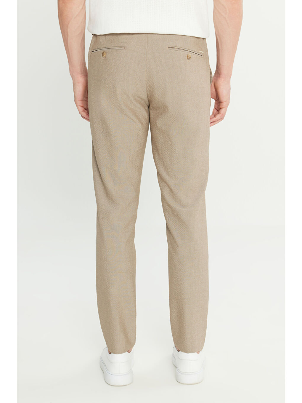 Erkek Bej Slim Fit Dar Kesim Gofre Desenli Beli Bağlamalı Yan Cepli Travel Casual Pantolon-5