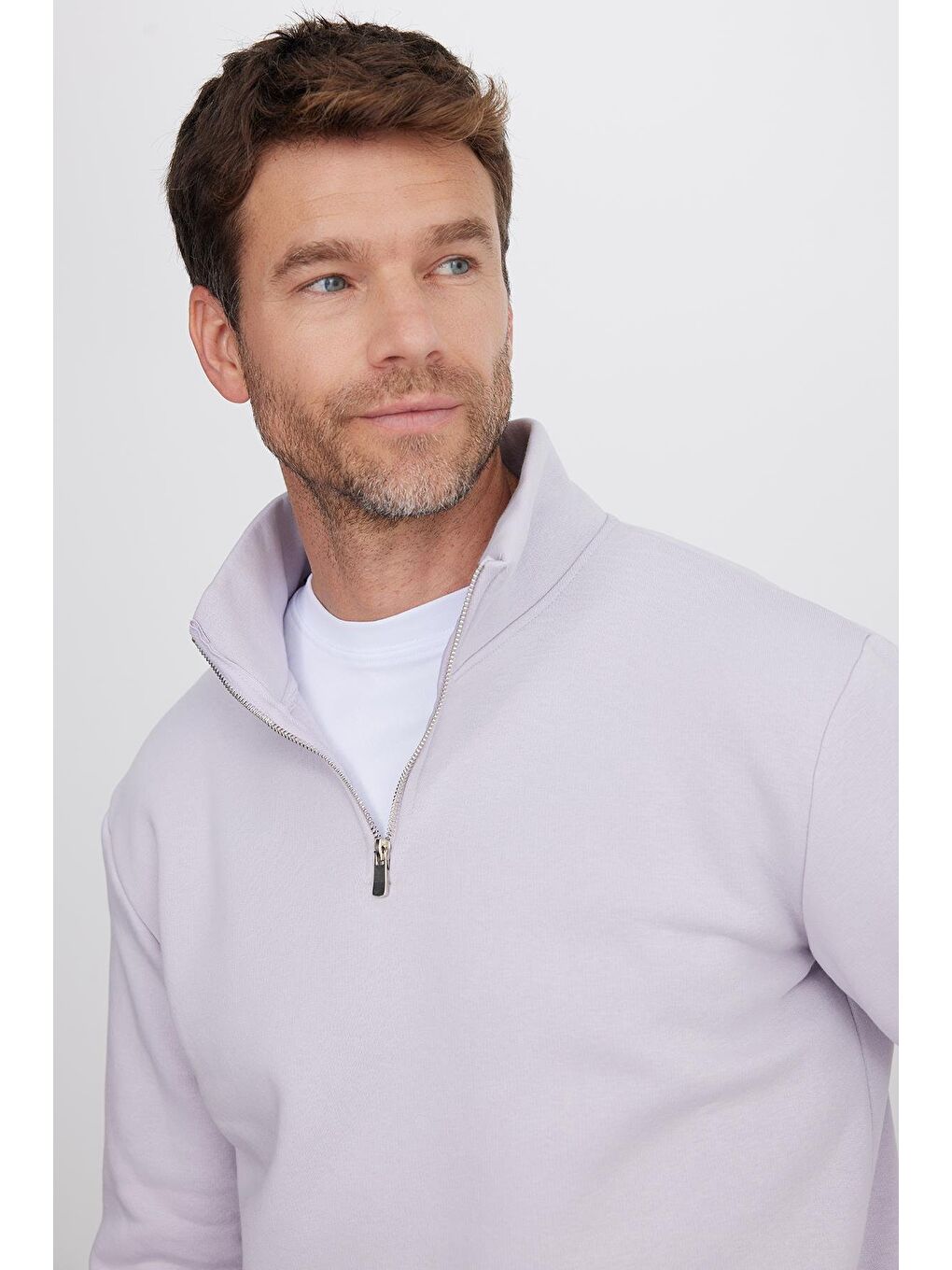 Unisex Relax Fit Rahat Kesim Pamuklu İçi Polarlı Yarım Fermuarlı Lila Dik Yaka Sweatshirt-1