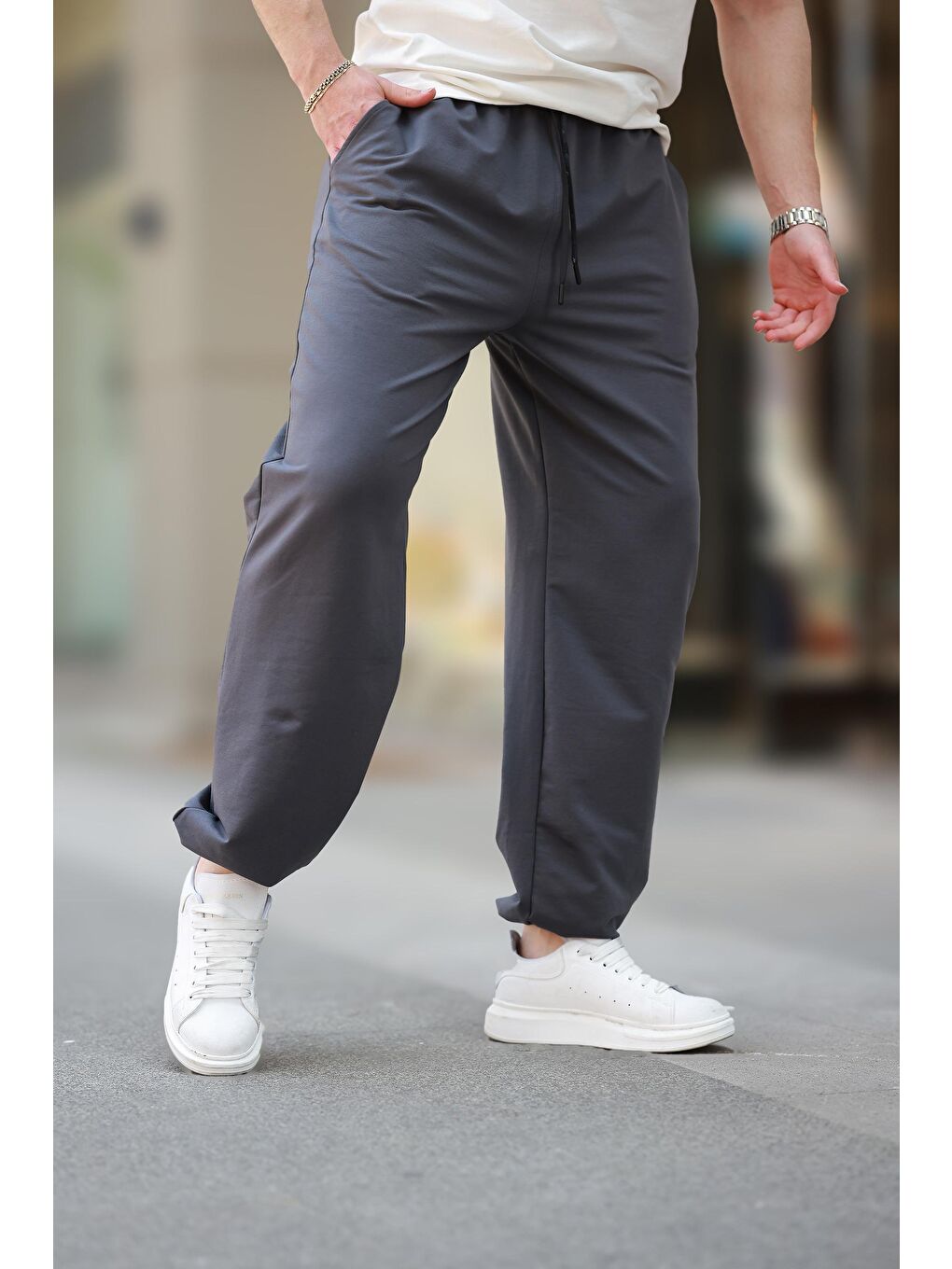 Gri Füme Rahat Kesim Paçası Lastikli Erkek Eşofman Altı E6573-1