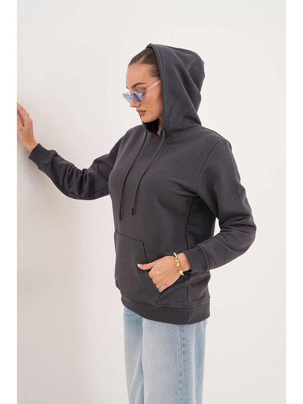 Antrasit Unisex %100 Pamuk Basic Premium Kapüşonlu Sweatshirt-1