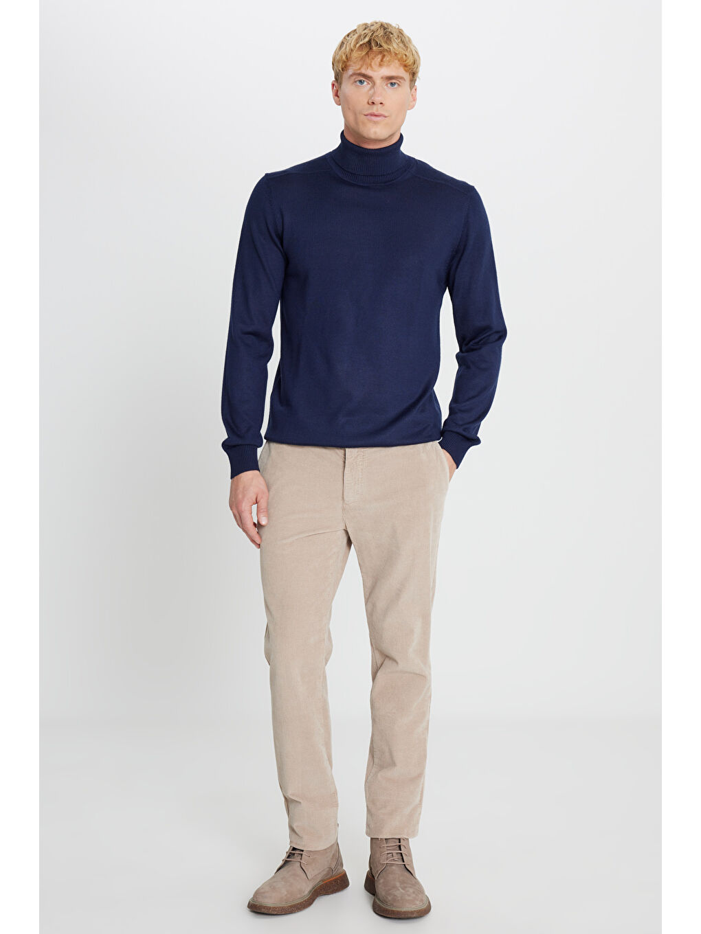 Erkek Bej Pamuklu Slim Fit Dar Kesim Yan Cep Kadife Esnek Casual Pantolon-1