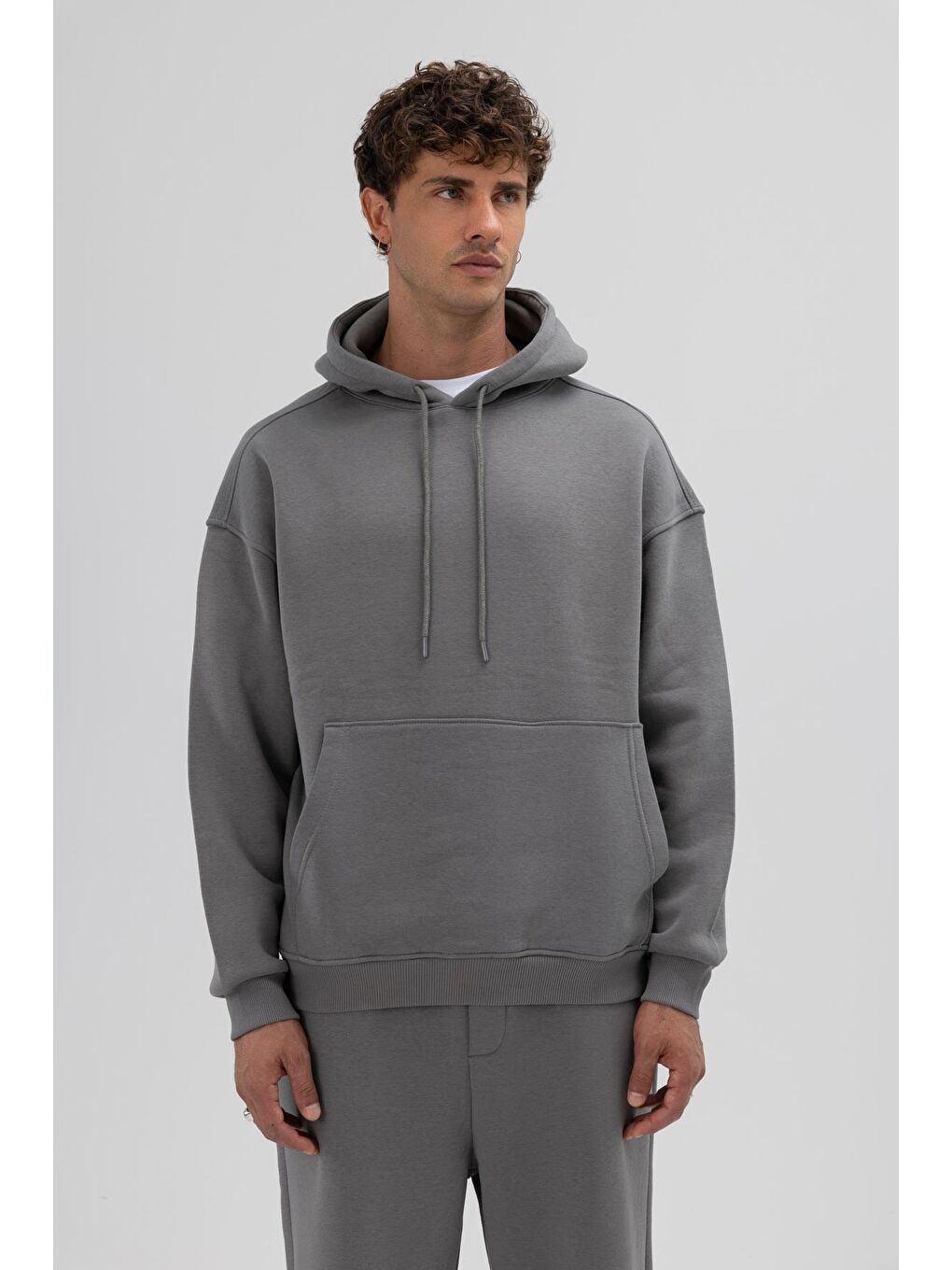Gri Basic Oversize Kapüşonlu Sweatshirt Füme-4