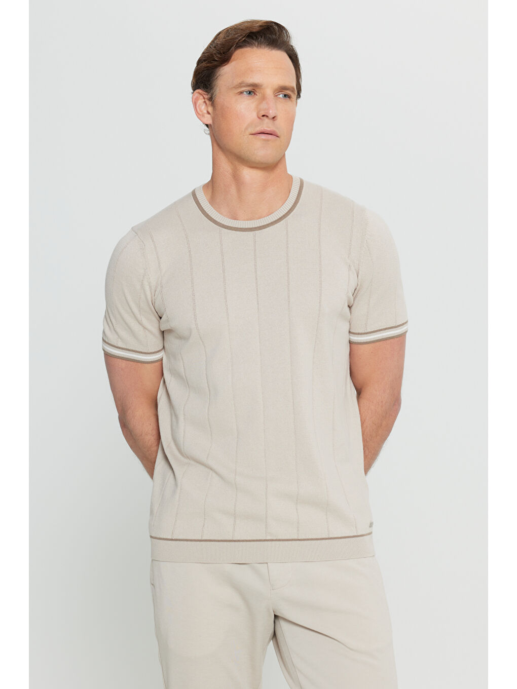 Erkek Bej %100 Pamuk Standart Fit Normal Kesim Bisiklet Yaka Triko Tişört-2