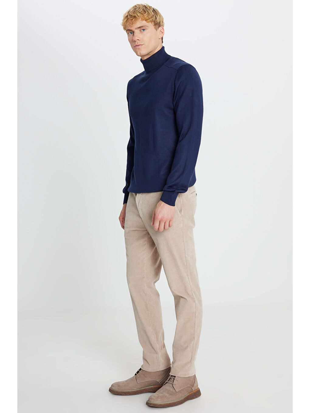 Erkek Bej Pamuklu Slim Fit Dar Kesim Yan Cep Kadife Esnek Casual Pantolon-2