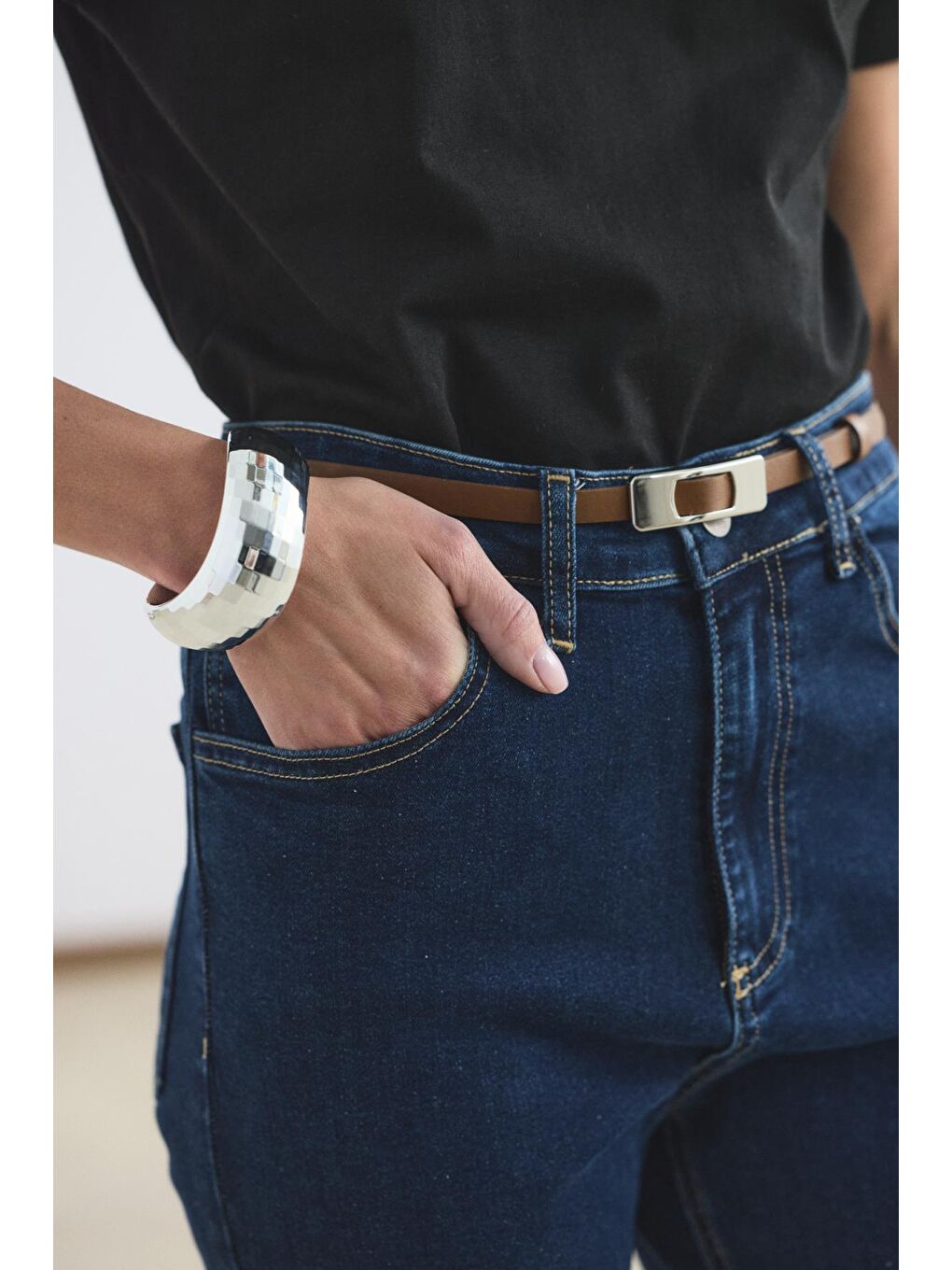 Yüksek Bel Kısa Kesim Çan Paça Jean Pantolon Koyu Mavi-5