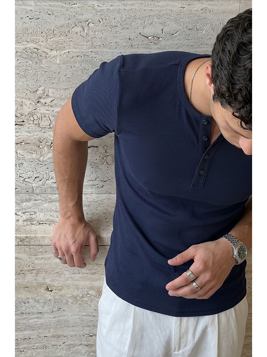 Lacivert Liiri %100 Pamuk Premium Fitilli Yarım Düğmeli Erkek Tişört Regular Fit Basic Yazlık Tişört-1