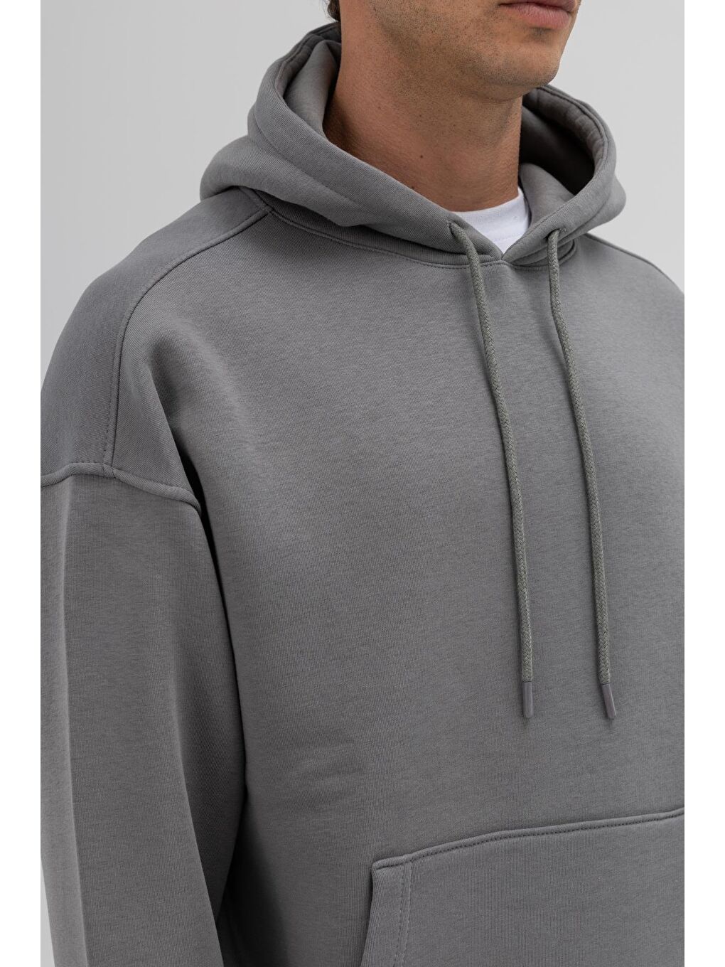 Gri Basic Oversize Kapüşonlu Sweatshirt Füme-5