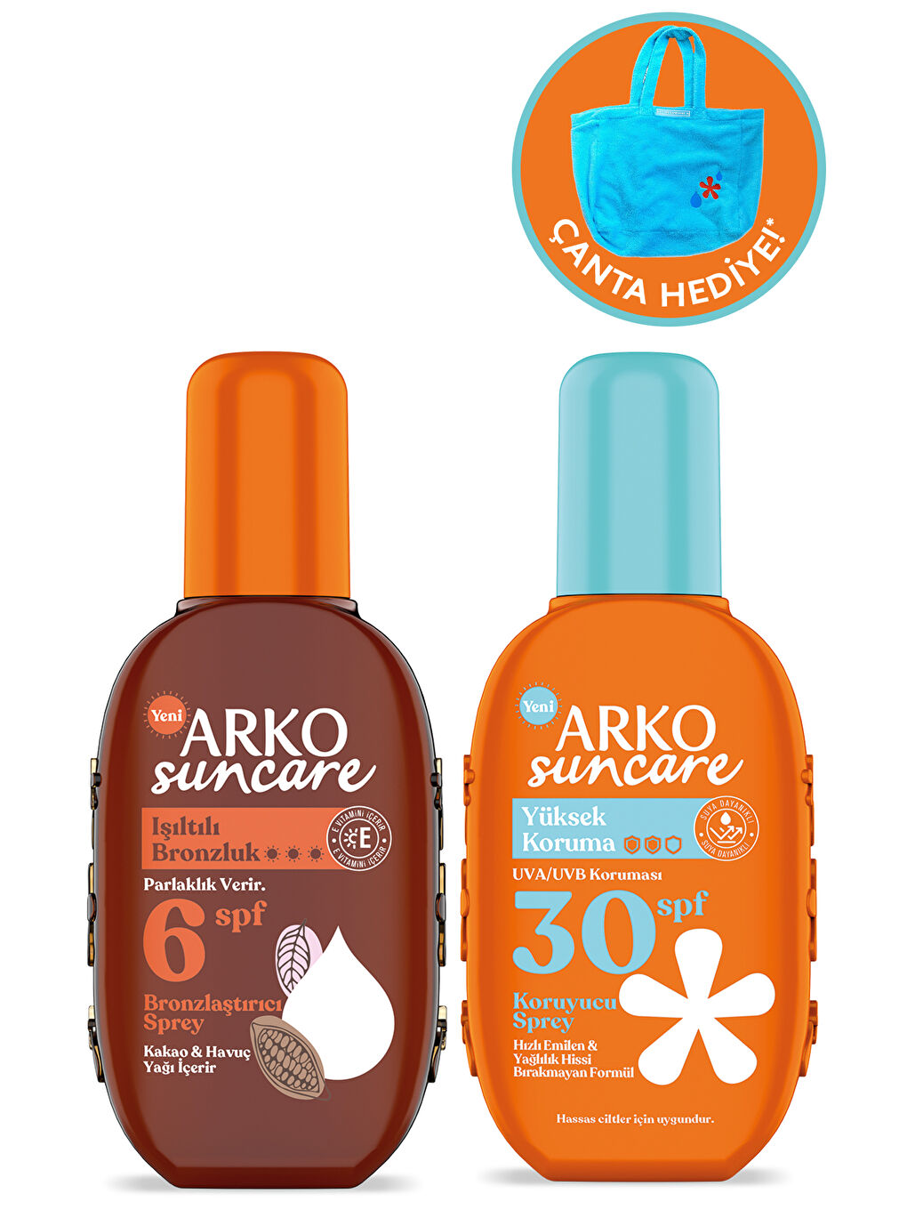 Arko Beyaz Spf6 Bronzlaştırıcı Güneş Yağı 220 ml&Spf30 Yüksek Korumalı Vücut Güneş Spreyi 200 ml Çanta Hediyeli