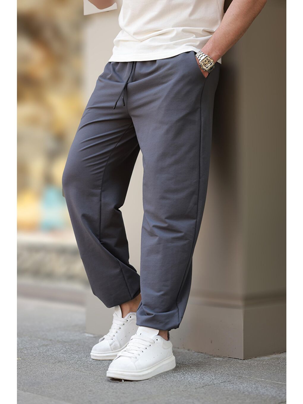 Gri Füme Rahat Kesim Paçası Lastikli Erkek Eşofman Altı E6573-2