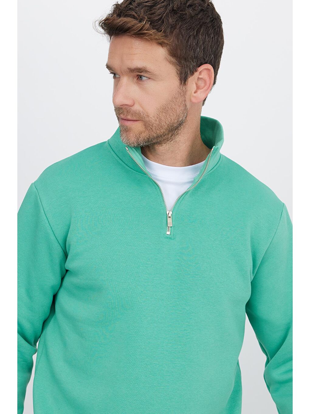 Unisex Relax Fit Rahat Kesim Pamuklu İçi Polarlı Yarım Fermuarlı Yeşil Dik Yaka Sweatshirt-1