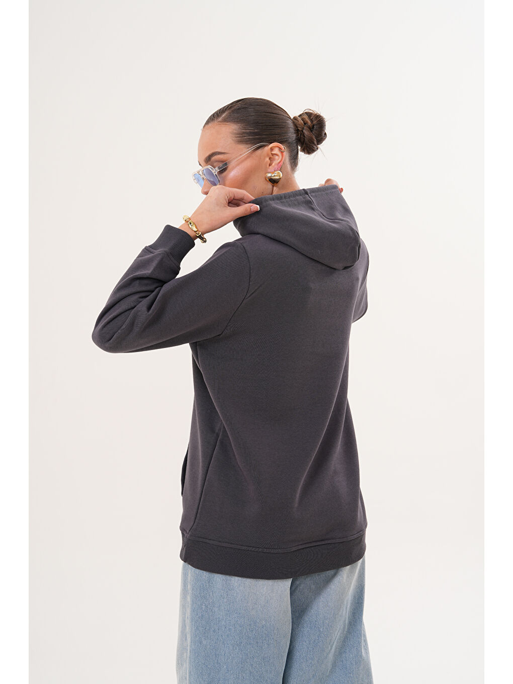 Antrasit Unisex %100 Pamuk Basic Premium Kapüşonlu Sweatshirt-2