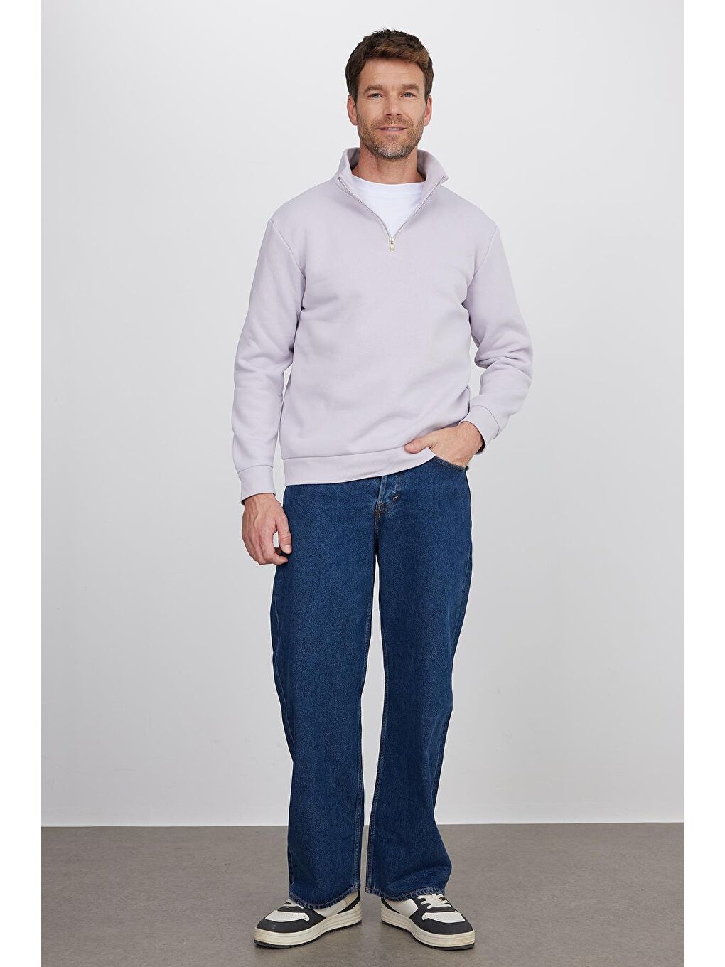 Unisex Relax Fit Rahat Kesim Pamuklu İçi Polarlı Yarım Fermuarlı Lila Dik Yaka Sweatshirt-3