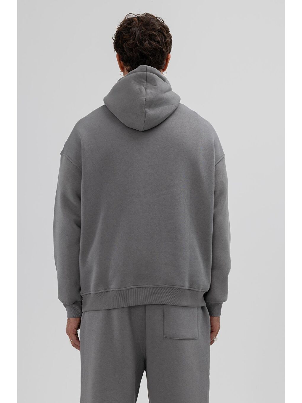 Gri Basic Oversize Kapüşonlu Sweatshirt Füme-6
