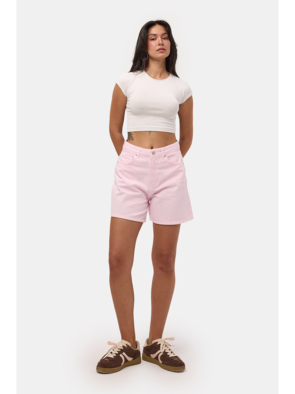 Kadın Light Pembe Diana 6s6-98 Relax Mom Fit Denim Şort-3