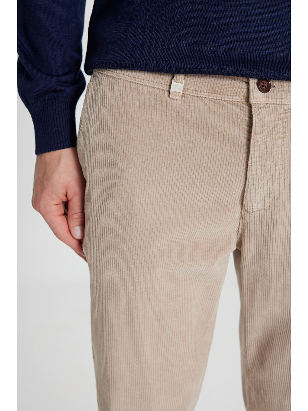 Erkek Bej Pamuklu Slim Fit Dar Kesim Yan Cep Kadife Esnek Casual Pantolon-3