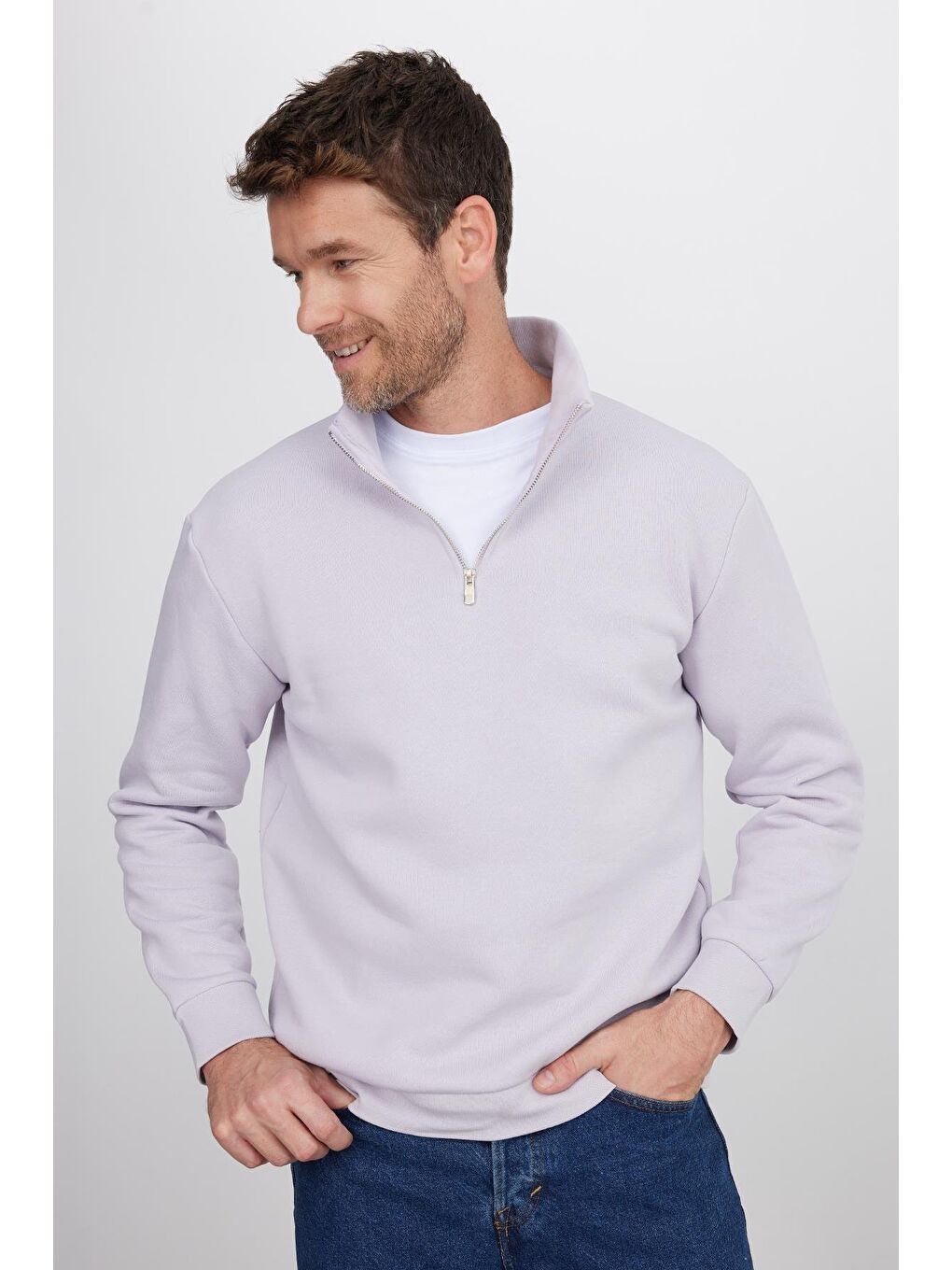 Unisex Relax Fit Rahat Kesim Pamuklu İçi Polarlı Yarım Fermuarlı Lila Dik Yaka Sweatshirt-4