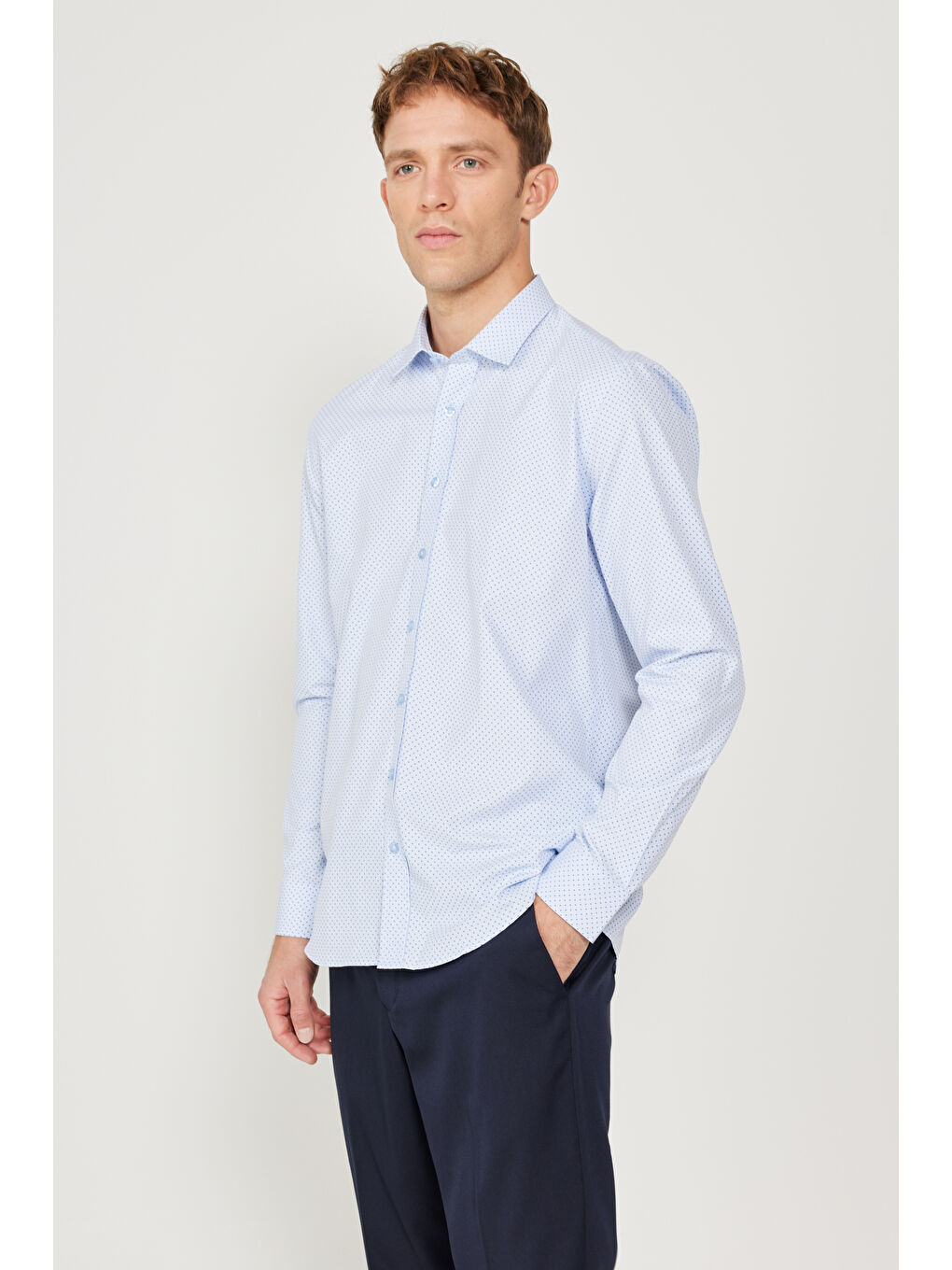 Erkek Mavi-Lacivert Slim Fit Dar Kesim Klasik Yaka Baskılı Gömlek-2