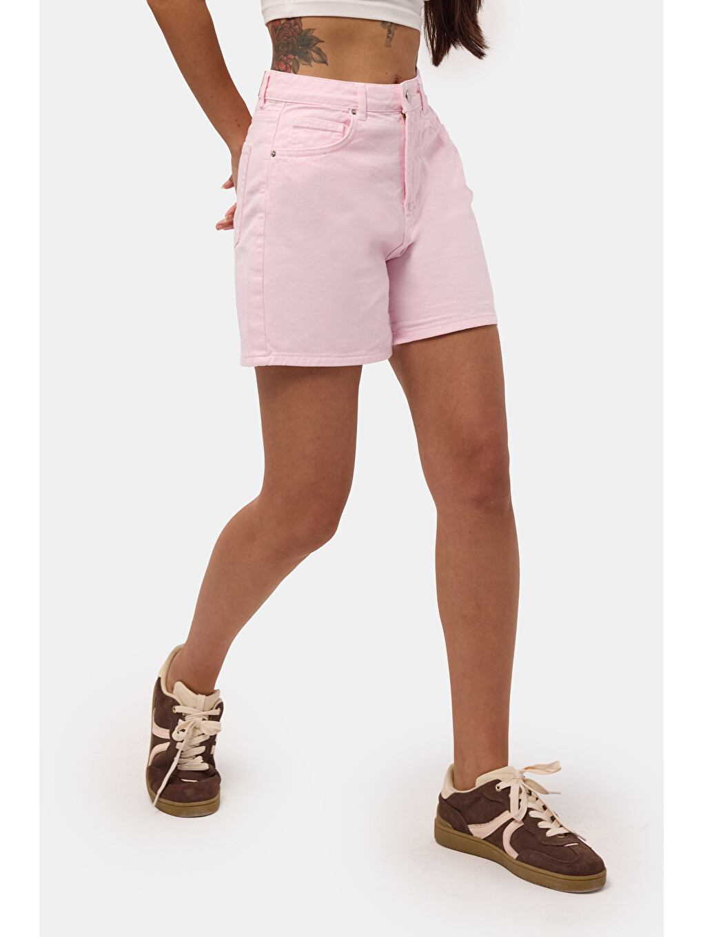 Kadın Light Pembe Diana 6s6-98 Relax Mom Fit Denim Şort-5