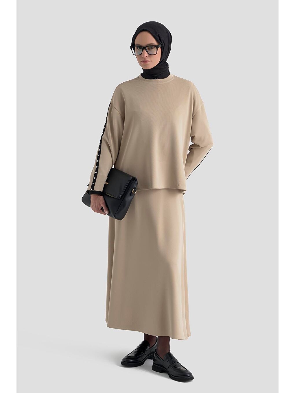 Şeritli Örme Takım Bej