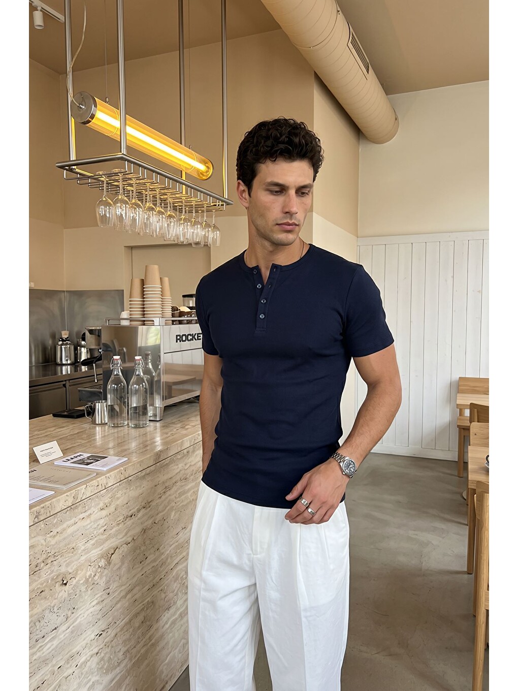 Lacivert Liiri %100 Pamuk Premium Fitilli Yarım Düğmeli Erkek Tişört Regular Fit Basic Yazlık Tişört-2
