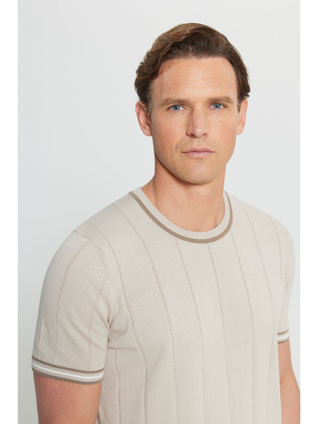 Erkek Bej %100 Pamuk Standart Fit Normal Kesim Bisiklet Yaka Triko Tişört-3