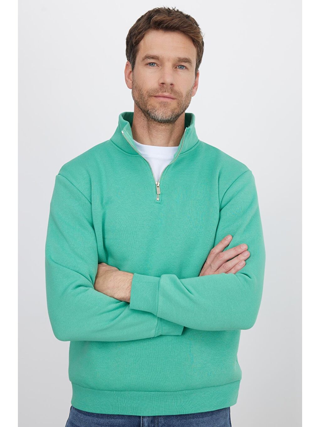 Unisex Relax Fit Rahat Kesim Pamuklu İçi Polarlı Yarım Fermuarlı Yeşil Dik Yaka Sweatshirt-3