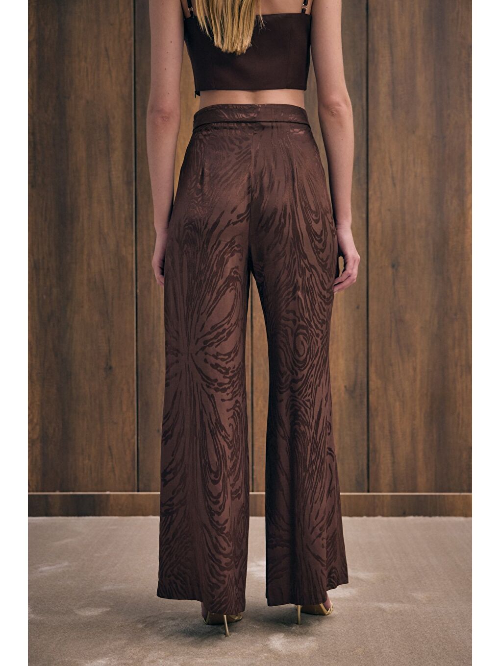 Kahverengi Yüksek Bel Desenli Pantolon - Kahve-7